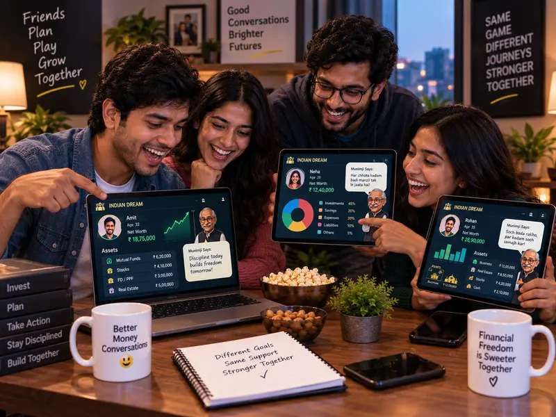 Friends comparing each other's game dashboards together, laughing and discussing their decisions